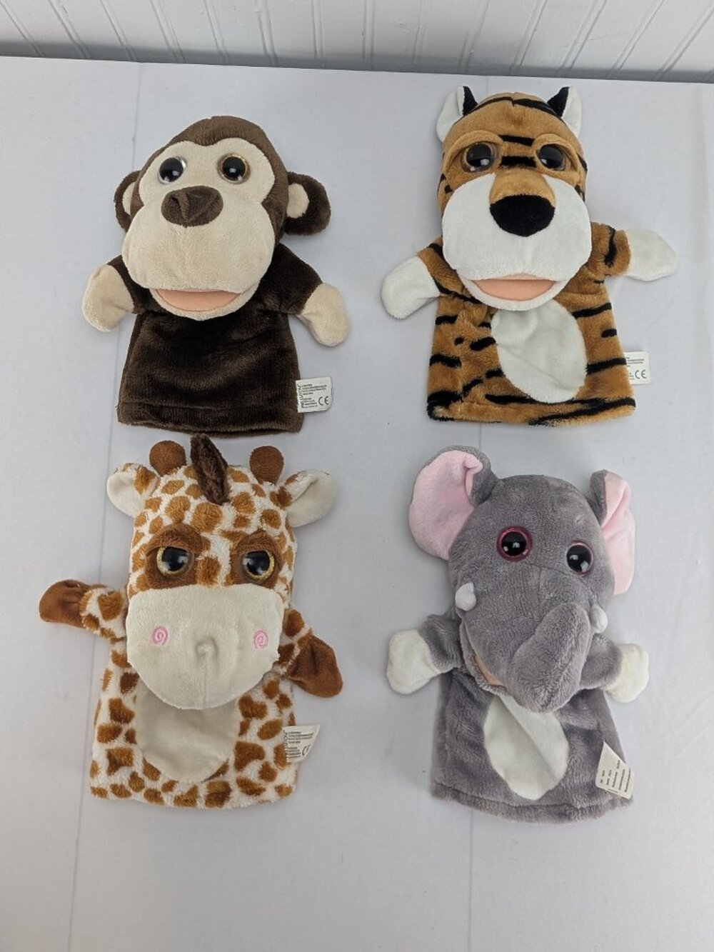 Kellytoy Hand Puppets Lot of 4 Tiger Giraffe Elephant Monkey Big Glitter Eyes